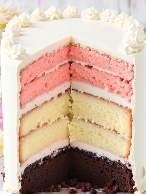 Neapolitan Cake Recipe

Ingredients

- 2 3/4 cups all-purpose flour
- 2 1/2 teaspoons baking powder
- 1/2 teaspoon salt
- 1 cup unsalted butter, softened
- 2 cups sugar
- 4 large eggs
- 1 teaspoon vanilla extract
- 1/3 cup milk
- 1/3 cup cocoa powder
- 1/3 cup strawberry puree
- Frosting (buttercream) for assembling

Instructions

- Preheat oven to 350°F (175°C) and grease three 9-inch round cake pans. 
- In a medium bowl, mix flour, baking powder, and salt; set aside. In another large bowl, cream the butter and sugar until light and fluffy. Add eggs one at a time, then stir in vanilla extract and milk. 
- Read more on... Neapolitan Cake Recipe, Neopolitan Cake, Neapolitan Cake, Frosting Buttercream, Dti Theme, Pies Recipes, Neapolitan Ice Cream, Leftover Cake, Ice Cream Treats