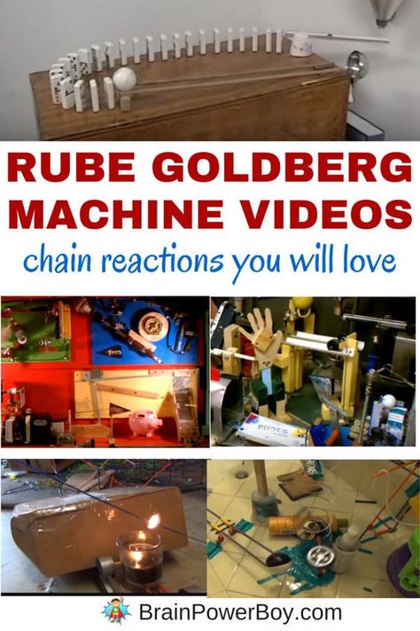 Inspiring Rube Goldberg Machine™ videos you don't want to miss. See teen boys create 6 machines, an awesome food-based machine, an incredible domino chain reaction and a Rube Goldberg Machine™ that took over 5000 hours to build and more! Rube Goldberg Projects For Kids, Domino Chain Reaction, Rube Goldberg Projects, Goldberg Machine, Rube Goldberg, Rube Goldberg Machine, Engineering Challenge, Machine Video, Activities For Boys