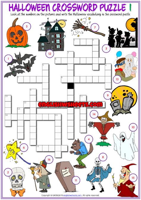 Halloween ESL Printable Crossword Puzzle Worksheets Halloween Exercises, Halloween Esl, Halloween Crossword, Halloween Crossword Puzzles, Thanksgiving Crossword, Free Printable Crossword Puzzles, Earth Day Worksheets, Halloween Vocabulary, Printable Crossword Puzzles