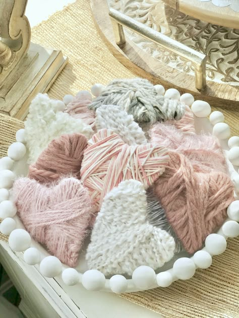 Simple DIY yarn hearts! Diy Stuffed Valentine Hearts, Diy Neutral Valentine's Day Decor, Cottage Core Valentines Decor, Yarn Crafts For Adults Easy Diy, Valentine’s Day Crafts Adults, Easy Valentine’s Day Sewing Project, Neutral Valentine Decor Ideas, Sustainable Valentines Day, Chunky Yarn Garland