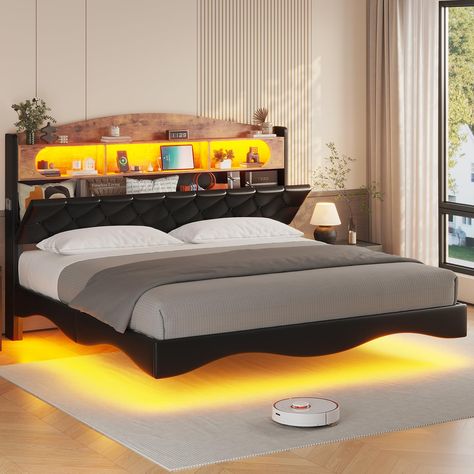 Bed Frame With Storage Headboard, Floating Platform Bed, Floating Headboard, Upholstered Bed With Storage, Floating Bed Frame, Led Beds, Floating Platform, Bed With Led Lights, Led Bed Frame