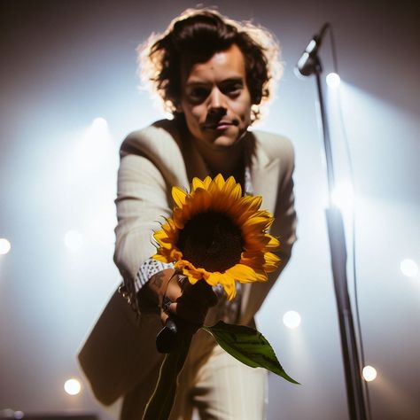 #Harry #styles #harrystyles #sunflower Harry Styles With Flowers, Harry Styles Flowers, Harry Styles Haircut, Harry Styles Funny, Harry Styles Aesthetic, Harry Styles Wallpaper, One Direction, White Shirt, Harry Styles