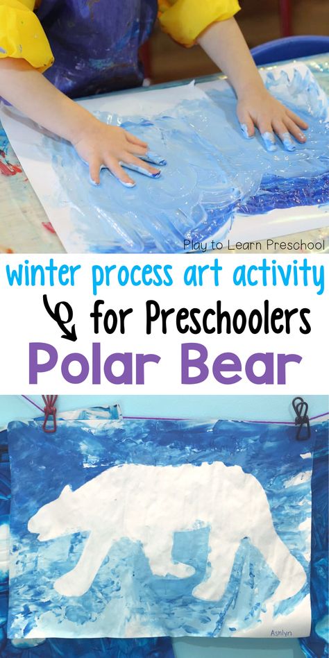 An awesome process art activity parents will want to hang on the fridge! Preschoolers can get messy and create whatever their heart desires, then peel off the polar bear image to see their beautiful artwork. Process art is important because it provides the children the opportunity to learn and explore on their own terms, instead of project based art that doesn't allow for much imagination. #processart #preschool Polar Animals Preschool, Kunst For Barn, Polar Bear Craft, Polar Bear Art, Preschool Art Projects, Penguins And Polar Bears, Art Project For Kids, Polar Animals, Winter Preschool