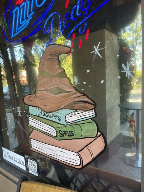 Harry Potter Window Painting, Harry Potter Window Decoration, Fall Halloween Window Painting, Library Window Art, Fall Themed Window Painting, Painted Window Art, Fall Windows, Office Window, Halloween Window