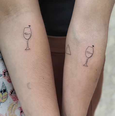 19 Friendship Wine Glass Tattoos To Cheers Over - Body Artifact Matching Wine Glass Tattoo, Glass Of Wine Tattoo, Wine Glass Tattoos, Cheers Tattoo, Sarah Tattoo, Wine Glass Tattoo, Group Tattoos, Rain Tattoo, Wine Tattoo