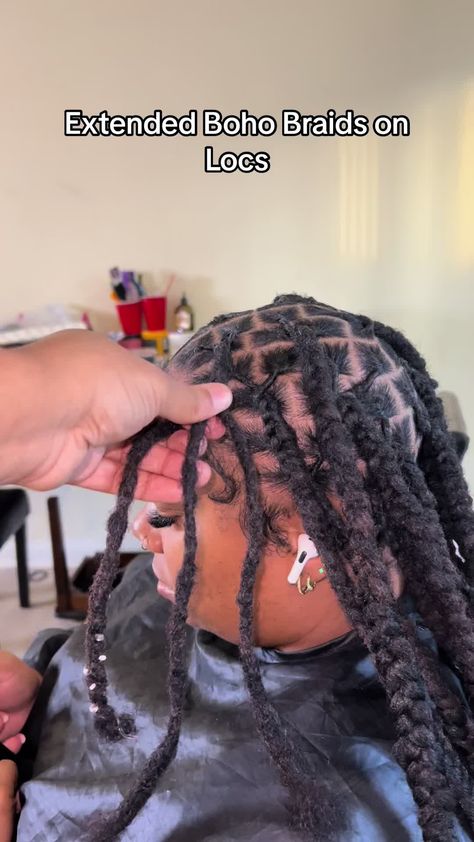 Extended Boho Braids on Short Locs 🥰 #locs #extendedstyle #locstyle #shortlocstyles #shortlocstylesforwomen Boho Braids Over Locs, Extended Loc Styles, Retwist Locs, Brown Dreadlocks, Short Loc Styles, Loc Nation, Loc Goddess, Locs Styles, Short Locs