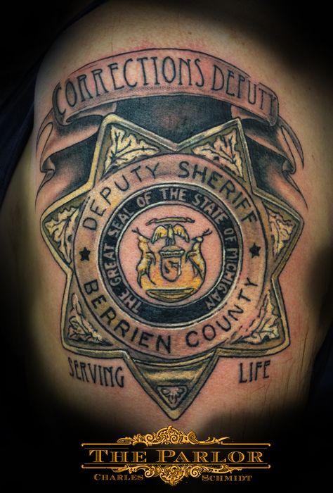 Deputy Badge,   Tattoo Artist: Charles Schmidt  At www.theparlortattooing.com Badge Tattoo Ideas, Sheriff Badge Tattoo, Sheriff Tattoo, Police Symbol, Law Enforcement Tattoos, Badge Tattoo, Police Tattoo, Western Tattoo, Deputy Sheriff