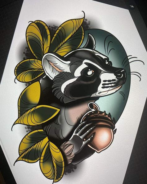 Neotraditional Horse Tattoo, American Traditional Raccoon, Racoon Tattoo, Badger Tattoo, Edmonton Tattoo, Raccoon Tattoo, Themed Tattoos, Bear Tattoo Designs, Favorite Tattoos