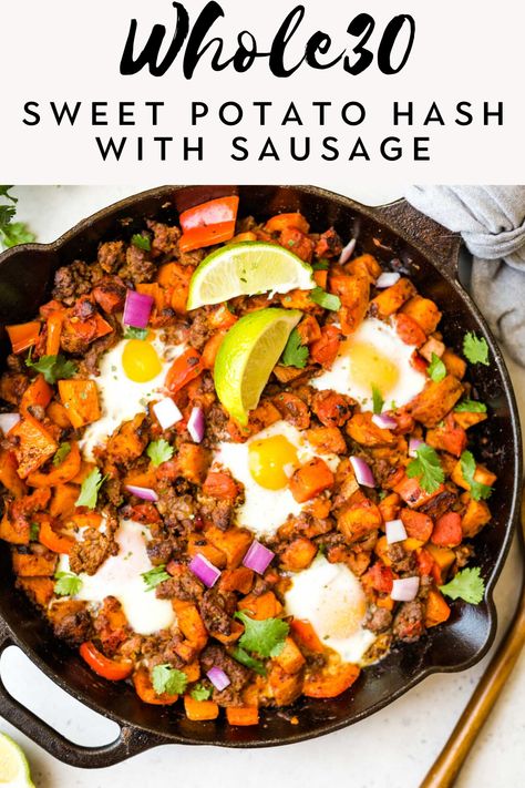 This sweet potato hash with sausage is easy to make, ready in just 30 minutes, and has a flavorful southwest twist. Eat it for breakfast, lunch, or dinner for a healthy meal that's filling and so tasty! Whole30, and Paleo too! Butternut Squash Breakfast, Squash Breakfast, Paleo Breakfast Sausage, Sweet Potato Sausage, Sweet Potato Breakfast Hash, Potato Sausage, Muffins Paleo, Breakfast Sausage Links, Sausage Hash