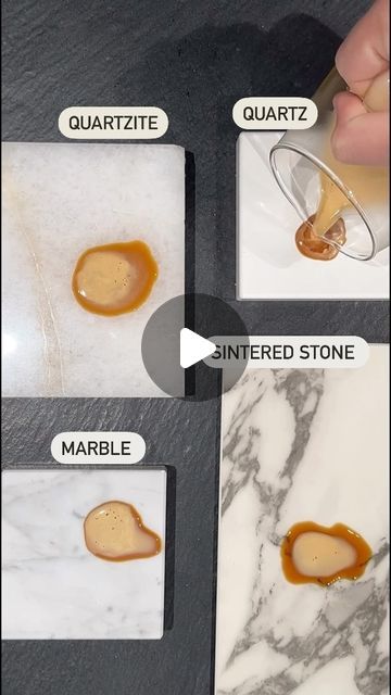 The Kitchen Guy on Instagram: "☕️🚫 Ever wondered how your kitchen countertops would stand up to life’s little accidents?   We put four popular materials to the test: marble, quartzite, quartz, and granite. The challenge? A 10-minute coffee spill standoff. 🕒💧 Watch as we reveal which surface handles spills like a pro, and which one might leave you with a lasting reminder of your morning brew.   Spoiler alert: Marble lovers, you might want to watch this! 🤭✨ Dive into our countertop showdown and arm yourself with the knowledge to choose the best surface for your kitchen’s needs.   #countertopchallenge #kitchendesigntips #materialshowdown #coffeetest #kitchenideas #construction #renovation #countertops #kitchendesign #kitchenrenovation" Kitchen Ideas With Marble Countertops, Kitchen Ideas With Grey Countertops, Kitchen Countertops Tile Ideas, Marble Quartz Countertop Kitchen, Quartz Kitchen Countertops Ideas, Workshop Countertop Ideas, Countertop Material Comparison, Granite Vs Quartz Vs Marble, Marble Behind Stove