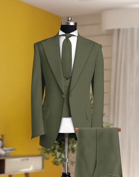 Olive Green Three Piece Suit Men, Green Suits, Green Suit Men, Olive Green Suit, Suit Prom, Groomsmen Grey, African Suit, Dressing Ideas, Suit Pin