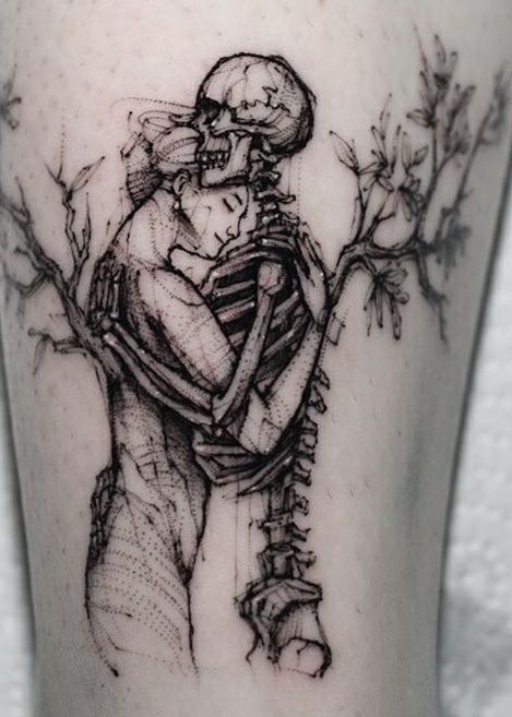 Woman And Skeleton Tattoo, Skeleton With Woman Tattoo, Derealization Sketch Tattoo, Dark Love Tattoo, Eternally Yours Tattoo, Deep Tattoos For Guys, Skull Woman Tattoo, Puppet Tattoo, Gotik Tattoo