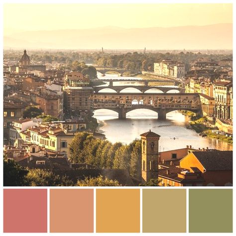 The colours of Florence, Italy, reflect the colours of terracotta, ochre and olive. Colour palette illustration by Zena O’Connor, PhD © Design Research Associates. Tuscan Colour Palette, Colourways Colour Palettes, Colour Palette Mediterranean, Terracotta Olive Color Palette, Italian Color Scheme, Tuscany Colour Palette, Spain Colour Palette, Florence Color Palette, Venice Colour Palette