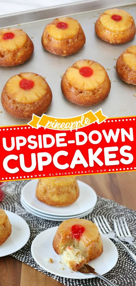 Pineapple Upside-down Cupcakes, easy 4th of july desserts, fruit desserts, summer recipes Pineapple Upside Down Cupcakes Recipe, Easy Upside Down Cupcakes, Pine Apple Upside Down Cupcakes, Pineapple Upside Down Muffins Cupcakes, Pineapple Upsidedown Cupcakes Recipes, Pineapple Upside Down Pound Cake Bites, Pineapple Upside Down Cake Recipe From Scratch Homemade, 7 Up Cupcakes, Homemade Pineapple Upside Down Cake From Scratch