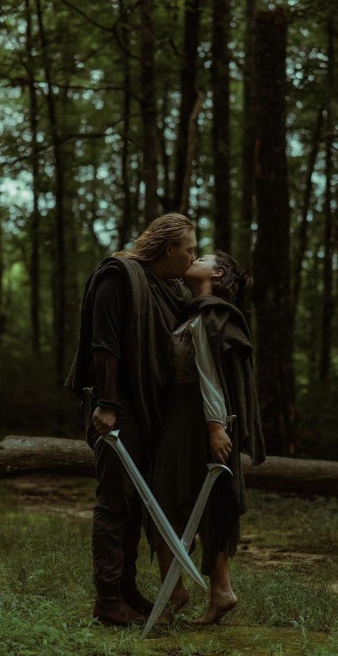 Fantasy Couple Pose Reference, Fantasy Couples Costumes, Elf Couple Costume, Fantasy Wedding Photoshoot, Fantasy Wedding Photos, Lotr Engagement Photos, Fantasy Couple Poses, Viking Engagement Photos, Fantasy Wedding Photography