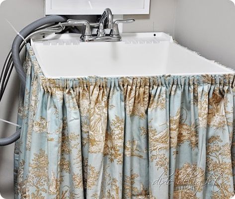 Utility Sink Skirt, Utility Sink Makeover, Tub Skirt, Sink Makeover, Sink Skirt, Hidden Laundry, Laundry Ideas, Laundry Room Sink, Laundry Tubs