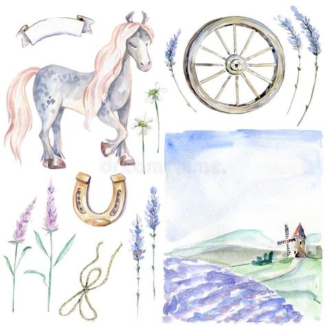 Romantic Provence graphic watercolor collection. Pastoral landsc. Ape, horse, flowers and plants, wooden wheel and horseshoe stock illustration Horseshoe Illustration, Graphic Watercolor, Ribbon Vector, Horse Flowers, Watercolor Collection, Wooden Wheel, Birdhouse, Bird Houses, Provence