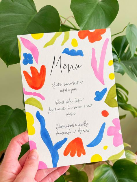 Art Workshop Invitation, Fun Invite Design, Fun Party Invitation, Spring Birthday Invitations, Cricut Menu Cards, Fun Invitation Design, Illustrated Menu Design, Birthday Menu Design, Floral Menu Design