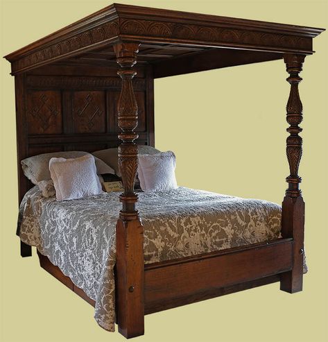 17th century style carved oak tester bed Bed Design Old Style, Doctor Room, Colonial Style Bedroom, Baroque Bedroom, Tester Bed, Poster Beds, 17th Century House, Castle Bed, Canopy Bed Frame