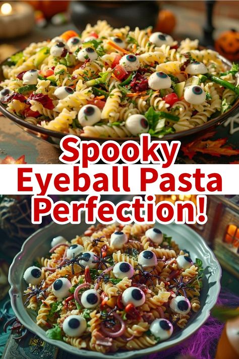 A spooky pasta salad featuring mozzarella cheese balls designed to look like eyeballs for a creepy culinary delight. Bats And Cobwebs Pasta, Spooky Apps For Halloween, Halloween Food With Eyes, Spooky Halloween Finger Foods, Halloween Food Main Dish, Eyeball Themed Food, Spooky Dishes Halloween Foods Easy, Spooky Sides For Halloween, Eyeball Pasta Halloween