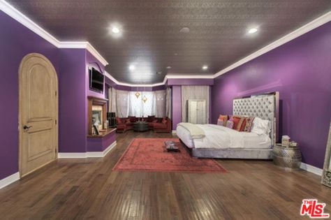 You Can Now Live In Selena Gomez's Calabasas Mansion  - HarpersBAZAAR.com Bedroom Purple Walls, Selena Gomez House, Celebrity Bedrooms, Calabasas Homes, Mansion Homes, Bedroom Purple, Scandinavian Bedroom, Bedroom Photos, Mansions For Sale