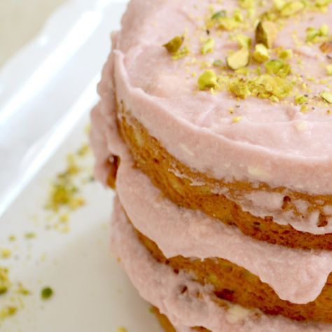 Pistachio Cake with Rosewater Buttercream Frosting” recipe Rose Water Cake Recipe, Rosewater Cake, Pistachio Pudding, Pistachio Cake, Buttercream Frosting Recipe, Delicious Magazine, Frosting Recipe, Buttercream Icing, Cake Tins