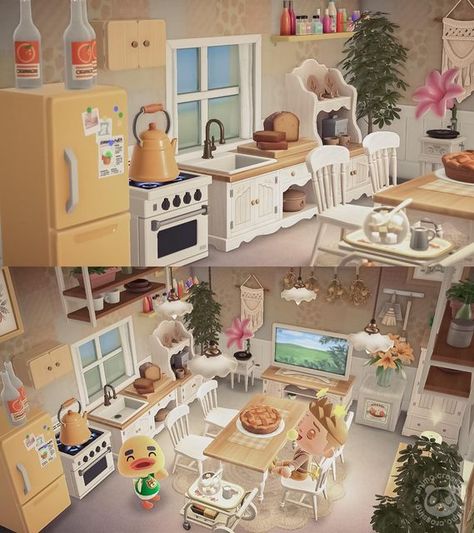 Kitchen Ideas Animal Crossing, Acnh Ranch Kitchen, Kitchen Ideas Acnh, Acnh Kitchen Ideas, Acnh Kitchen Designs, Joey Acnh, Animal Crossing Kitchen, Acnh Normcore, Acnh Kitchen