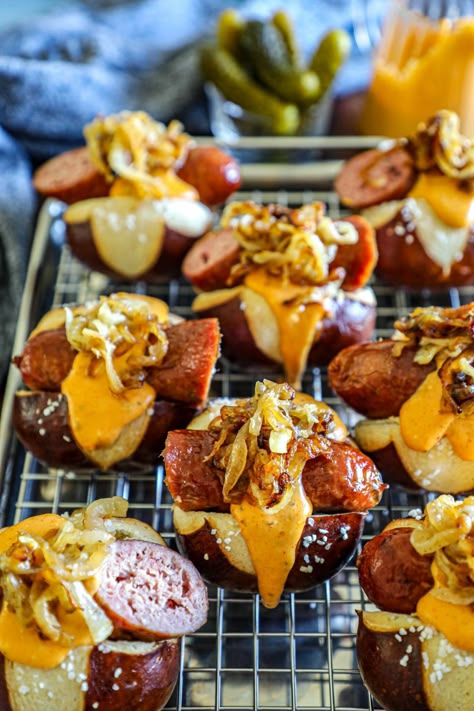 Brat Sliders Recipe Brat Bites Appetizer, Kielbasa Sliders, Pretzel Sliders Recipes, Brat Sliders, Pretzel Bun Sliders, Brats Recipes, Sausage Sauerkraut, Beer Brats, Pretzel Bun