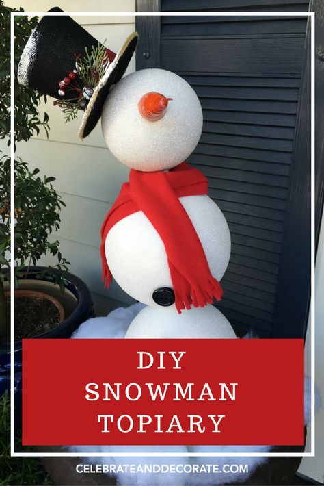 Make a snowman topiary from large Christmas Ornaments. This is an easy project you can DIY yourself! Snowman Topiary, Decorations For Gravesite, Snowman Outdoor Decorations, Outdoor Snowman, Diy Snowman Decorations, Oversized Ornaments, Topiary Diy, Christmas Topiary, Large Christmas Ornaments