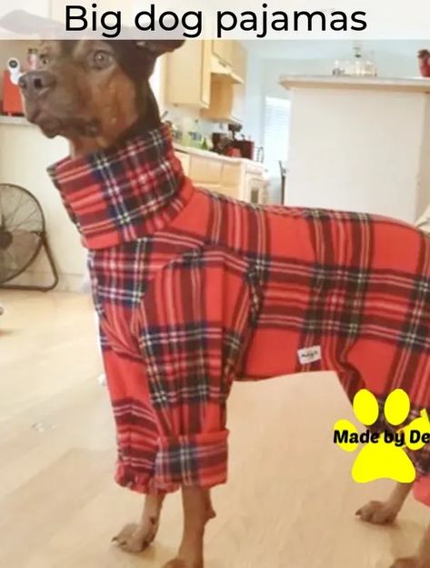 Any size of dog might need pajamas. How can you find the right size for your dog? Pajamas Diy, Custom Pajamas, Large Dog Coats, Dog Clothes Patterns Sewing, Large Dog Sweaters, Dog Pjs, Dog Coat Pattern, Large Dog Clothes, Fit Dogs