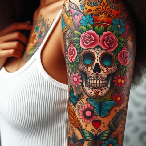 Get inspired by a variety of human skull tattoos that showcase the versatility and symbolism of this iconic design. #ai #tattoo #tattoo_for_woman #tattoo_ideas #tattoo_for_man Sugar Skull Sleeve Tattoos For Women, Mexican Skull Tattoos Women, Candy Skull Tattoo For Women, Mexican Inspired Tattoos For Women, Sugar Skull Tattoos For Women, Sugar Skull Sleeve, Kaleidoscope Tattoo, Pretty Skull Tattoos, Girly Skull Tattoos