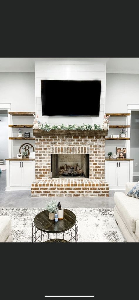 Farmhouse Bedroom With Fireplace, Brick And Shiplap Fireplace With Tv, Rebuild Fireplace, Over Grouted Stone Fireplace Farmhouse, Farmhouse Fireplace Stone And Shiplap, Brick Fireplace Tv Wall, Stone Fireplace Halfway Up Wall, Barndo Fireplace, Shiplap And Brick Fireplace