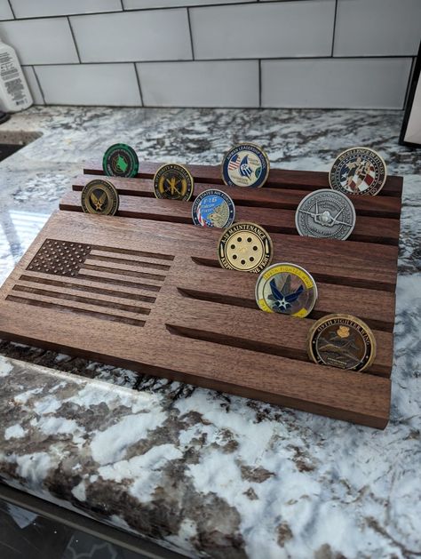 Walnut challenge coin holder #challengecoinholder Military Coin Display, Army Retirement, Money Making Projects, Challenge Coin Holder, Military Retirement Gift, Military Coins, Challenge Coin Display, Laser Engraved Ideas, Coin Display