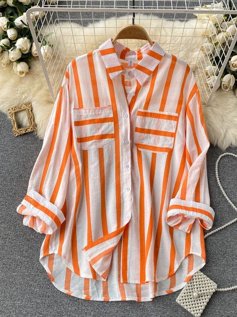 Estilo Boho Chic, Korean Casual, Moda Boho, Dresses Elegant, Loose Tops, Women Shirts Blouse, Casual Coat, Vertical Stripes, Sleeves Pattern