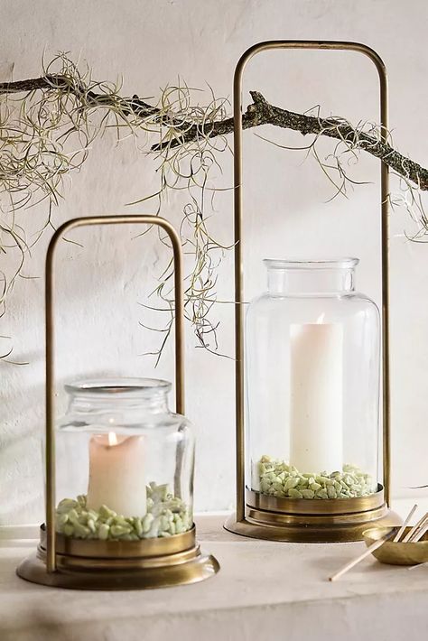 Candles + Candle Holders | Terrain Wall Lanterns Indoor Candle, Lantern Coffee Table, Glass Vase Lantern, Console Table With Lantern, Candle Lantern Dining Table, Lantern On Coffee Table, Kirklands Lanterns, Candle Lanterns Living Room, Modern Lantern