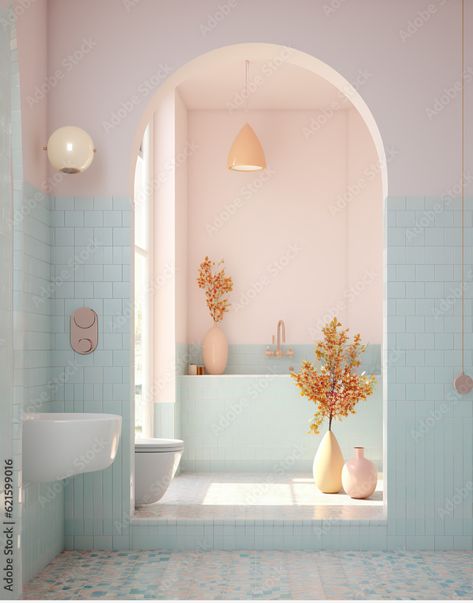 Pastel Bathroom Aesthetic, Pale Blue Bathroom, Pastel Bathroom, Colorful House, Gold Tile, Pastel Beach, Bathroom Aesthetic, Girls Bathroom, Pink Bathroom