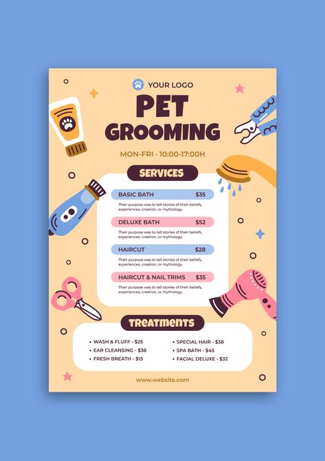 Linear Doodle Pet Grooming Services Flyer Grooming Flyer Ideas, Pet Grooming Poster Design, Pet Grooming Flyer, Pet Grooming Poster, Pet Grooming Design, Dog Grooming Branding, Pet Advertising, Dog Restaurant, Pet Shop Logo