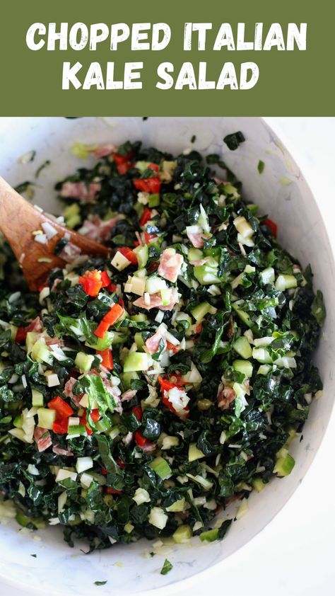 Delicious bites of salami and roasted red peppers are embedded into this chopped italian kale salad for a healthy yet hearty dish. Meal prep this for lunches throughout the week, or bring it to a friend’s gathering for a refreshing and fiber packed side dish! Chopped Kale Salad, Chopped Kale, Red Wine Vinaigrette, Italian Salad, Prepped Lunches, Cabbage Salad, Kale Salad, Fresh Corn, Tomato Salad