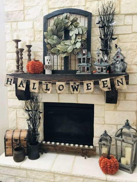 Halloween Fireplace Decor With Tv, Halloween Mantle Decor With Tv, Mantle Decor With Tv Above, Stone Fireplace Decor, Classic Luxury Living Room, Custom Staircase, Halloween Mantle Decor, Halloween Fireplace, Spooky Ideas