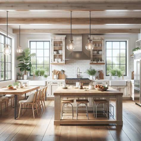 This should comprise of bright, open spaces with large windows allowing in plenty of natural light. Key elements to include are a farmhouse sink, a large wooden dining table that speaks volumes of family gatherings, a kitchen island with a butcher block countertop, and white subway tiles for the backsplash. Appliances should be in stainless steel for a blend of antique and modern. To bring it all together, infuse it with contemporary light fixtures and touches of greenery such as indoor plants. Farmhouse Open Floor Plan, Modern Rustic Kitchen Design, Rustic Kitchen Design Ideas, Modern Rustic Kitchen, Open Concept Kitchen Living Room, Concept Kitchen, Rustic Modern Kitchen, Rustic Kitchen Design, Wood Finishes