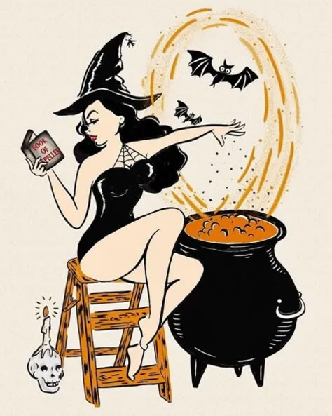 Witchy Wednesday – Pinup Halloween Costume Ideas – Miss MonMon Pinup Halloween Costume, Halloween Pin Up, Creature Fantasy, Halloween Wallpaper Backgrounds, Book Of Spells, Psy Art, Halloween Pins, Halloween Tags, Spooky Szn