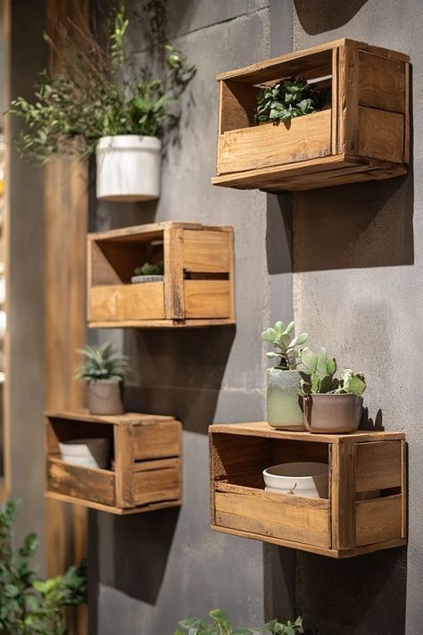 "Build your own Wooden Crate Shelves for a rustic, industrial look! 🛠️📦 Perfect for adding storage to any room. #WoodCrateShelves #DIYStorageSolutions #HomeOrganization" Wood Box Shelves Diy, Crate Wall Shelves, Wood Crate Storage, Wooden Milk Crate, Wood Box Shelves, Crate Wall, Wood Crate Shelves, Wooden Crate Shelves, Adding Storage