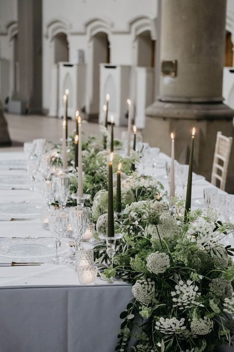 // t h e t a b l e Wedding Table Layouts, Wedding Guest Table, Emerald Green Wedding, Table Garland, Guest Table, Emerald Green Weddings, Floral Runner, Eco Wedding, Wedding Table Flowers