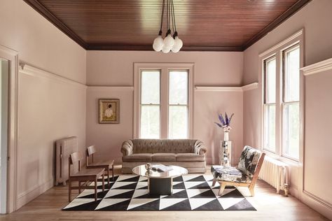 Photo 9 of 23 in Budget Breakdown: A DIY Couple Painstakingly Revive an Italianate Manse in the Berkshires for $343K - Dwell Historic House Renovation, Pink Paint Colors, Zen Room, Pink Living Room, Lunch Room, Diy Renovation, Wood Ceilings, Home Trends, Historic Home