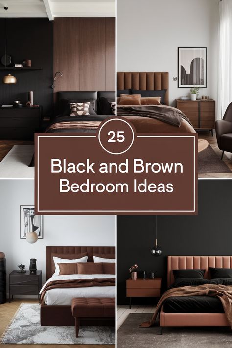 Black and brown bedroom designs offer a perfect blend of warmth and sophistication. These rich, earthy tones create a cozy atmosphere while exuding elegance. From bold black walls to rich brown accents, these 25 black and brown bedroom ideas showcase a variety of styles, from modern to traditional. Find inspiration for your next interior design project! Black Tan Bedding, Chocolate And Black Bedroom Ideas, Brown Wall Room Ideas, Western Moody Bedroom, Charcoal Headboard Bedroom Ideas, White Black And Brown Bedroom, Rustic Brown Bedroom Ideas, Black Brown Room, Chocolate Brown Walls Bedroom