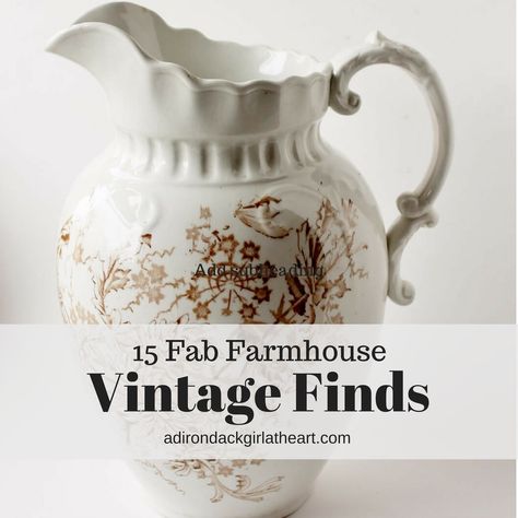 Sharing 14 fab farmhouse vintage finds, including ironstone, yellowware, and cosy cookbooks. Modern Farmhouse Decorating, Decorating Ideas For Kitchen, Upstairs Ideas, White Pitchers, Antique Farmhouse Decor, Chip Joanna Gaines, Farmhouse Decorating Ideas, Chairs Vintage, Vintage Farmhouse Style