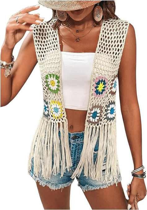 Verdusa Women's Floral Crochet Hollow Out Sleeveless Fringe Cardigan Vest Fringe Cardigan, Floral Crochet, Casual Cardigans, Crochet Vest, Cardigan Vest, Sleeveless Vest, Clothing Essentials, Size Clothing, Crochet Cardigan