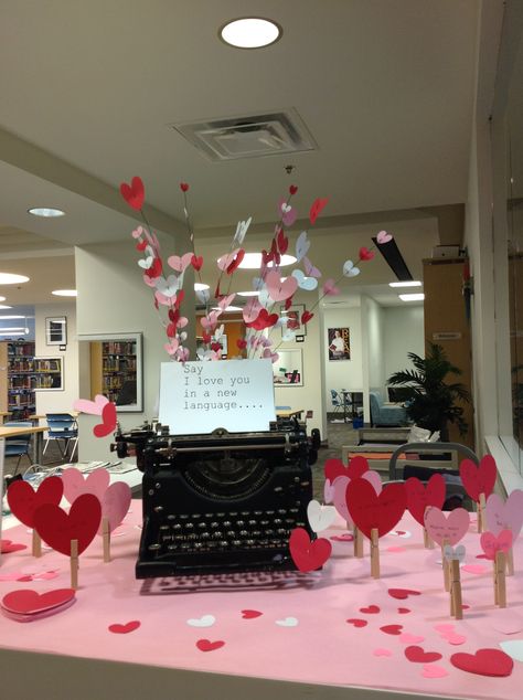 Valentines Book Display, Library Valentines, Valentines Display, February Bulletin Boards, School Library Bulletin Boards, Library Decorations, Library Desk, High School Library, Library Bulletin Boards