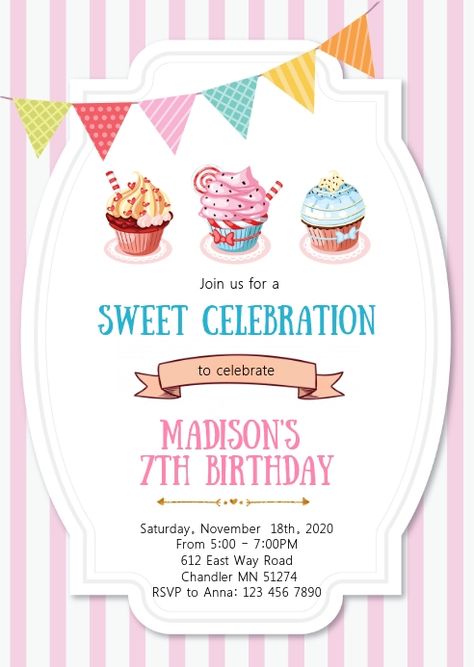 Candy Birthday Party Invitations, Cupcake Party Theme, Cupcake Party Invitations, Candy Invitations, Birthday Announcement, Birthday Cale, Cupcake Business, Birthday Party Invitations Free, Cupcake Birthday Party