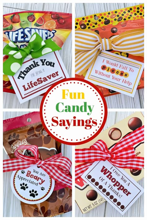 These candy bar puns make the perfect "thank you" gift idea. Pair a yummy candy with a cute tag and you are done! So so easy. #thankyou #thankyougift #giftidea Candy Bar Puns, Candy Bar Sayings For Teachers, Candy Sayings Gifts, Candy Bar Sayings, Candy Sayings, Candy Puns, Candy Bar Gifts, Thanksgiving Candy, Candy Quotes